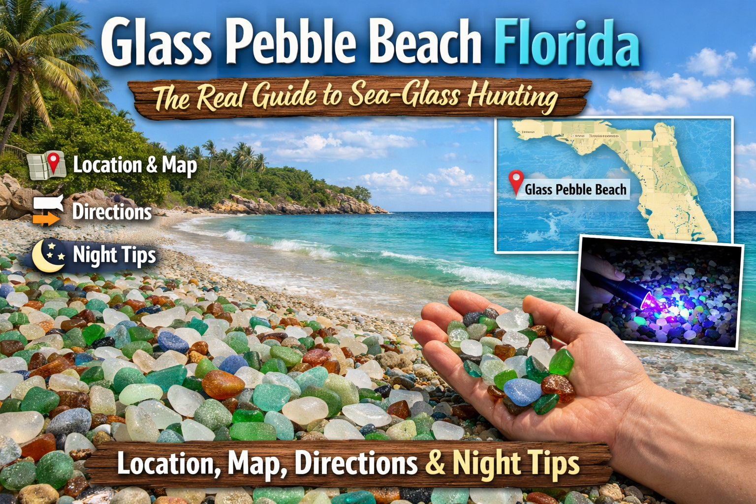 Colorful glass-like pebbles and sea-glass style pieces along a beach