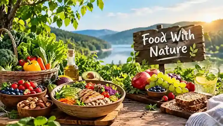 Food with nature featuring fresh vegetables, fruits, healthy salad, and natural ingredients