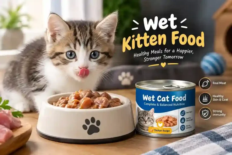 Fluffy kitten eating nutritious wet kitten food from a bowl
