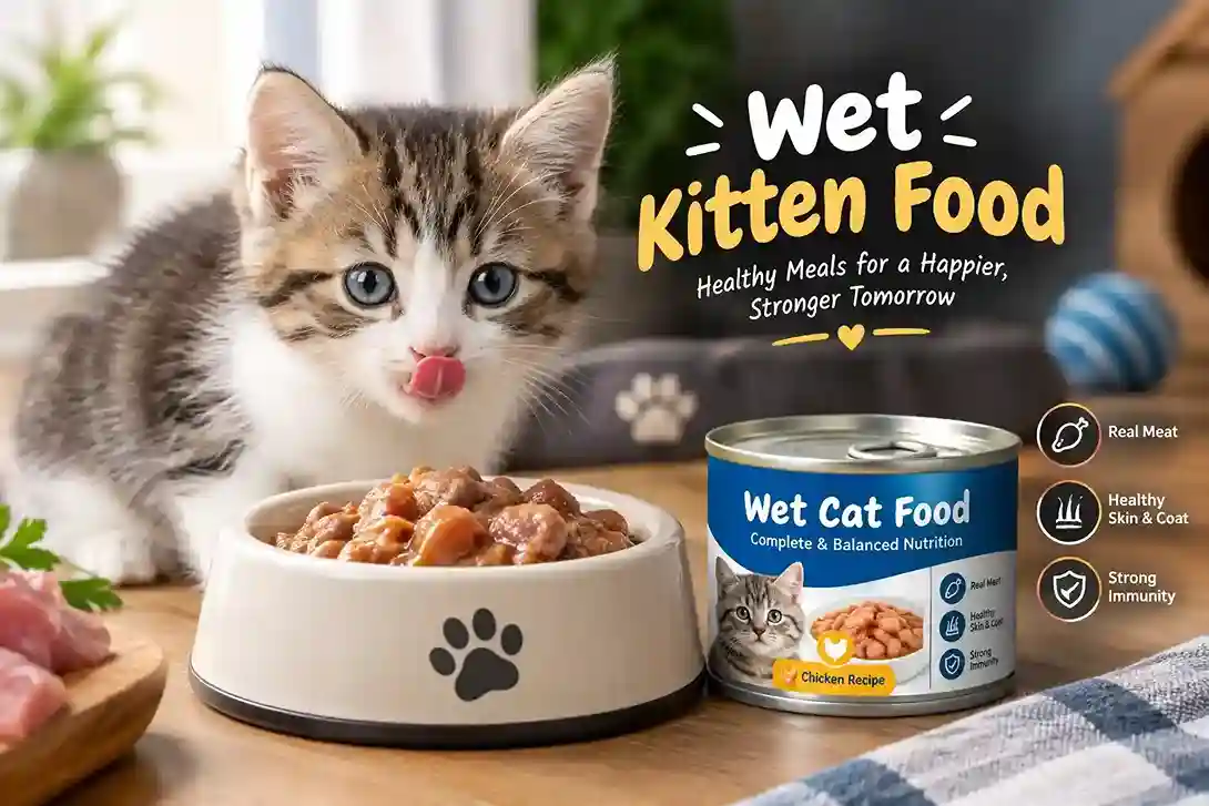 Fluffy kitten eating nutritious wet kitten food from a bowl