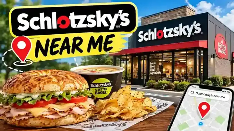 Schlotzsky’s near me featuring a fresh sandwich, restaurant exterior, and location map.