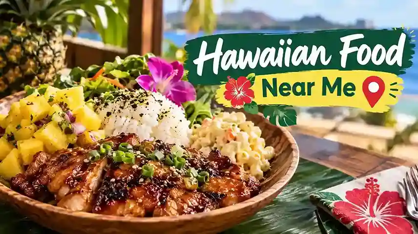 Hawaiian food near me with Hawaiian BBQ, rice, pineapple, and macaroni salad