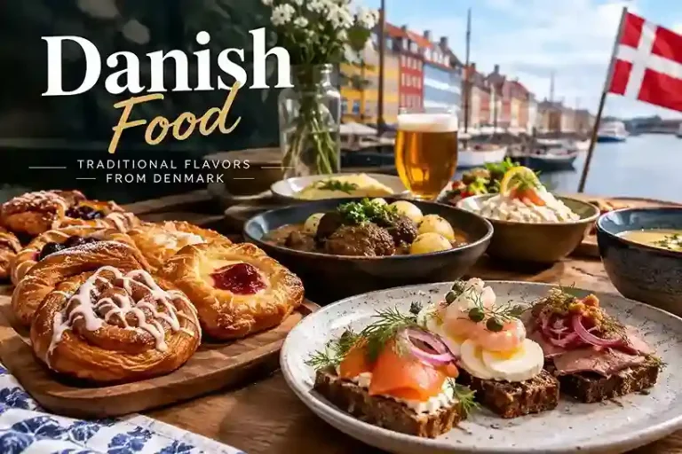 Traditional Danish food including smørrebrød, pastries, meatballs, potatoes, and fresh seafood