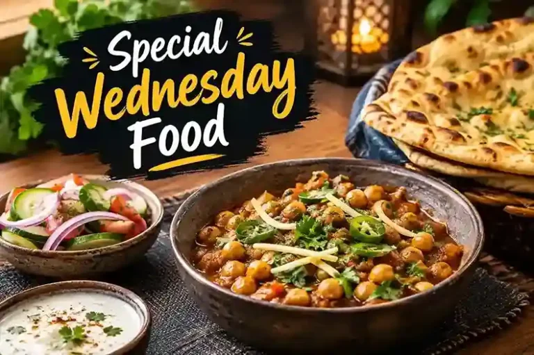 Special Wednesday Food featuring chickpea curry, naan, salad, and raita