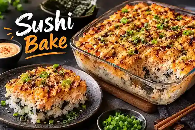 Sushi bake with creamy seafood filling, rice, nori, and green onions
