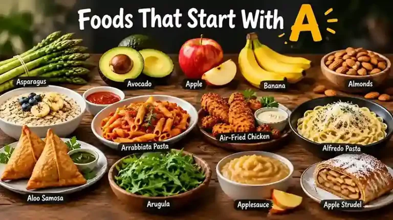 Foods that start with A including apples, avocado, asparagus, almonds, and pasta