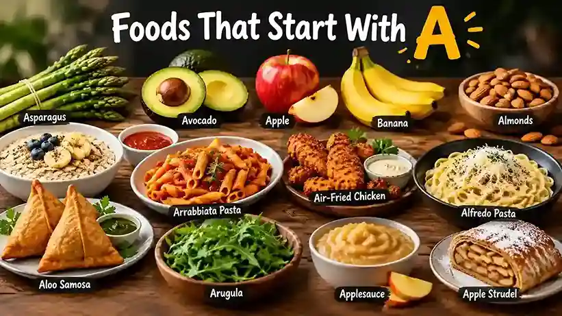 Foods that start with A including apples, avocado, asparagus, almonds, and pasta