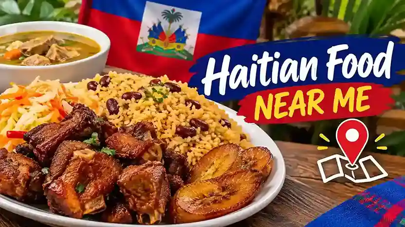 Haitian food near me featuring griot, rice and beans, pikliz, and fried plantains