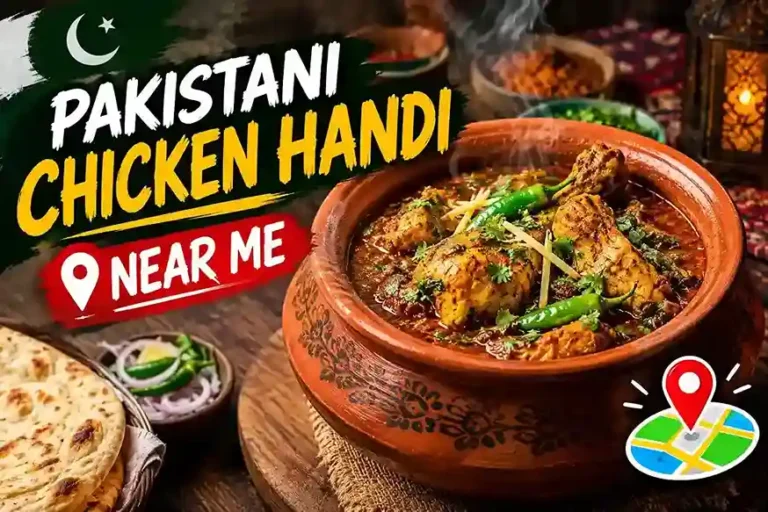 Pakistani chicken handi cooked in traditional spices and served in a clay pot with naan, green chilies, and fresh coriander.
