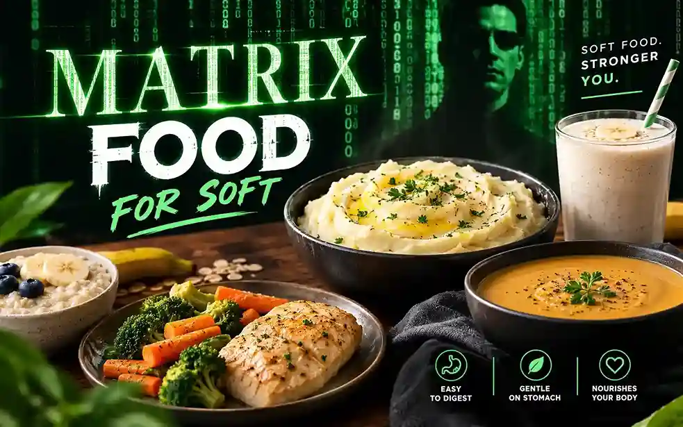 Matrix Food for Soft feature image with creamy mashed potatoes, soup, oatmeal, smoothie, and nutritious soft food dishes.