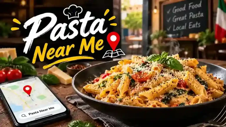 Delicious creamy penne pasta with tomatoes, fresh basil, and cheese beside a phone showing a map for finding pasta near me.
