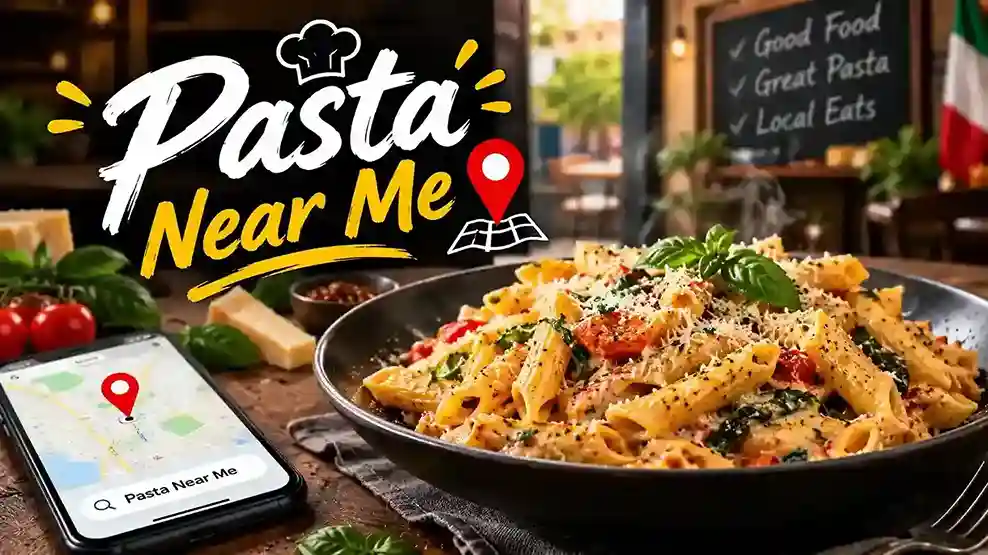Delicious creamy penne pasta with tomatoes, fresh basil, and cheese beside a phone showing a map for finding pasta near me.