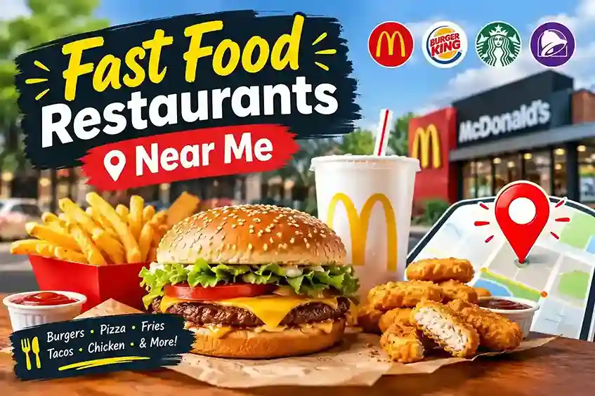 Fast food restaurants near me featuring burgers, French fries, fried chicken, and nearby dining options.