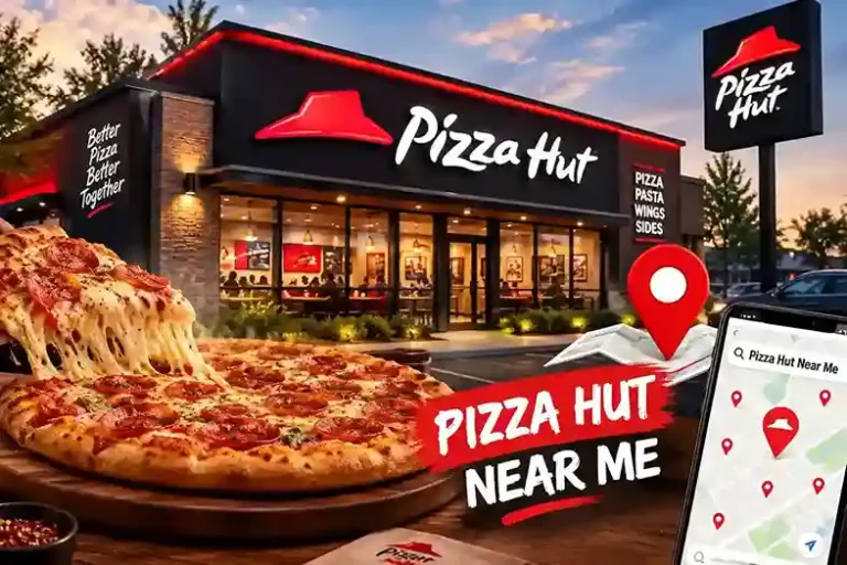 Pizza Hut restaurant exterior with a fresh pepperoni pizza, red location pin, and a map showing nearby restaurant locations.