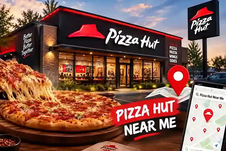 Pizza Hut restaurant exterior with a fresh pepperoni pizza, red location pin, and a map showing nearby restaurant locations.