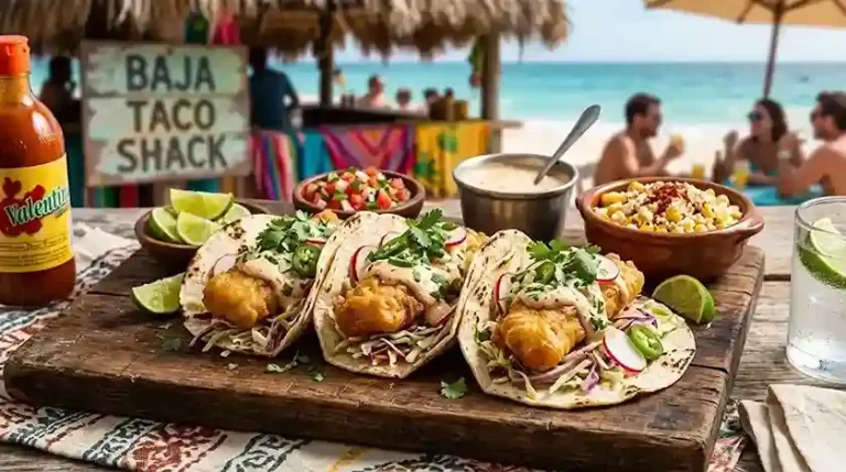 Crispy Baja fish tacos with cabbage slaw and cream sauce on a wooden board
