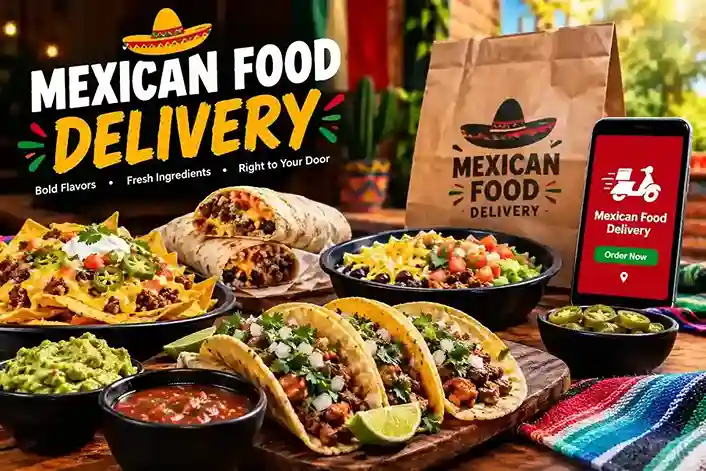 "Authentic Mexican food delivery featuring tacos, burritos, nachos, guacamole, bowl, and online ordering app interface."