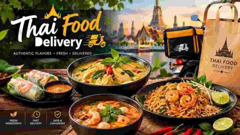 Thai food delivery with pad Thai, curry, tom yum soup, and spring rolls
