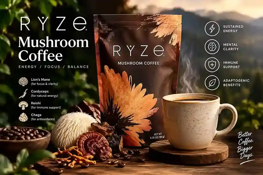 Ryze Mushroom Coffee package with a steaming coffee mug, coffee beans, and medicinal mushrooms.