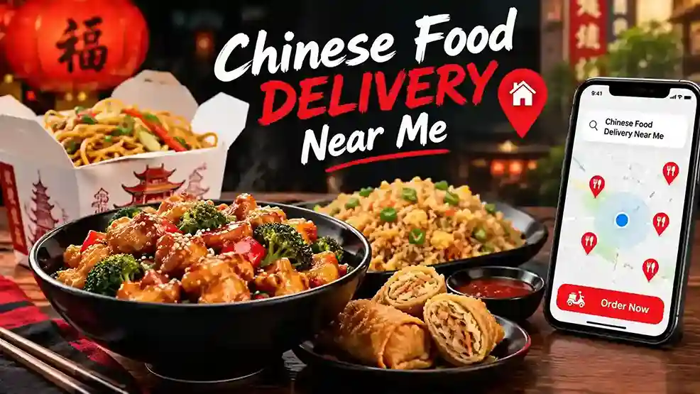 Chinese food delivery near me featuring orange chicken, noodles, fried rice, and egg rolls.