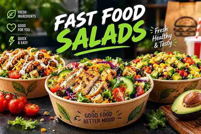 Fast food salads with grilled chicken, fresh lettuce, tomatoes, avocado, corn, and colorful vegetables in takeaway bowls.
